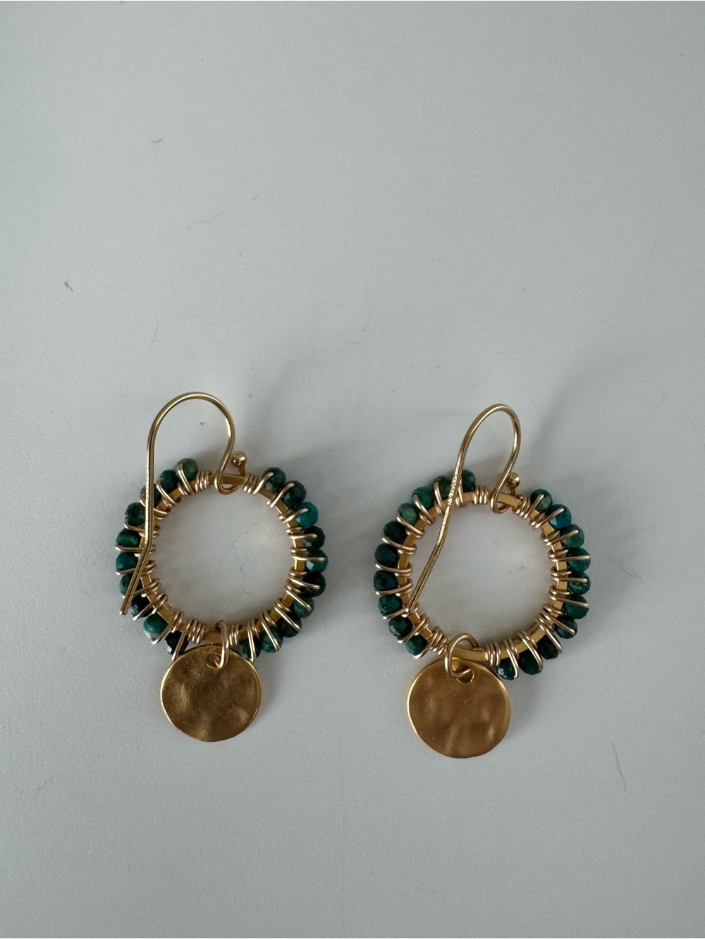 Gold Hoop Drop Earrings with Green Beads and Disc Charm